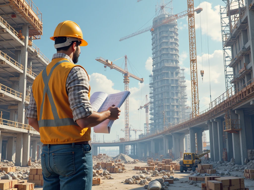 Construction engineer inspecting building site