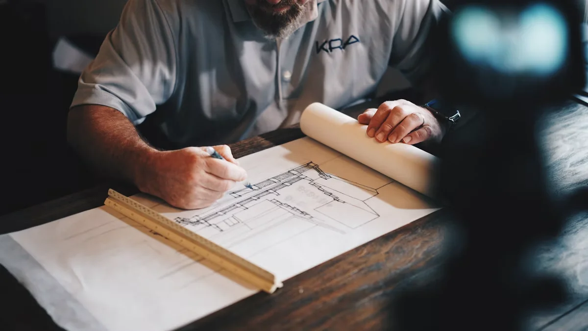 Architectural drawings and structural blueprints on desk